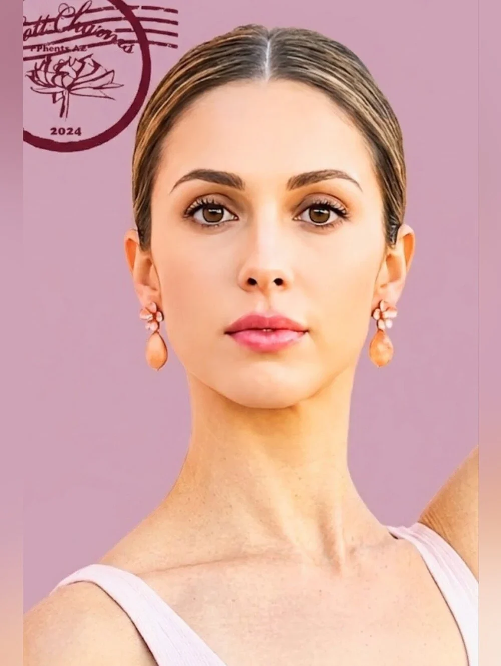 Handpainted Pink Flower & Natural Morganite In Chunky Gold Plated Earrings